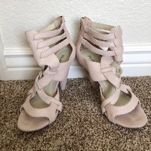 Elizabeth and James blush snake skin heels